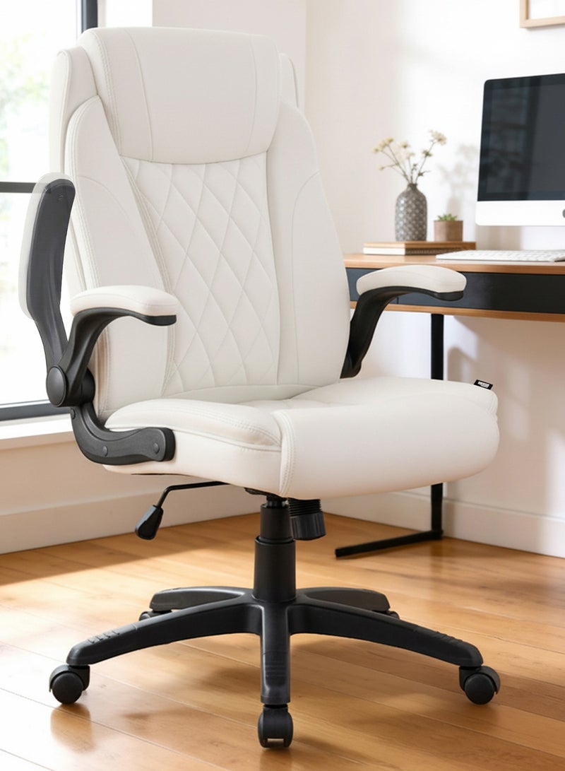 DROGO Ergonomic Premium Leatherette Office Chair for Work at Home, Computer Chair with Flip-Up Armrest, Height Adjustable Leather Seat, Cushioned Headrest, & Lumbar Support | Desk Chair with Multi Level Reclining White - Image 1
